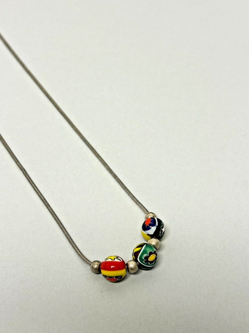 Sterling Silver Venetian Millefiori Beaded Necklace Snake Chain Italy Minimalist